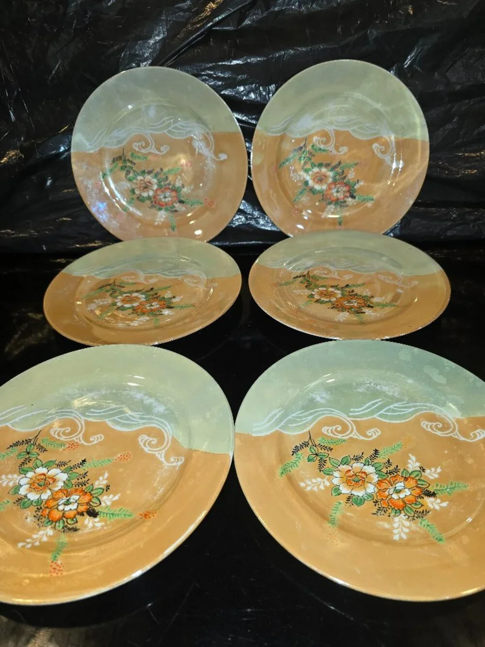 Japanese Lusterware Set of 6 Plates Hand painted Floral Peach Waves Blue 7.25